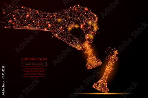 Abstract mash line and point hand holding chess pawn on background with an inscription. Starry sky or space, consisting of stars and the universe. Vector business illustration