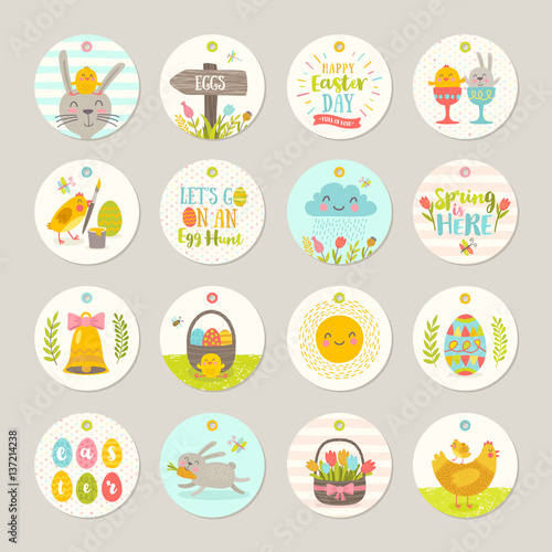 Set of Easter gift tags and labels with cute cartoon characters and type design . Easter greetings with bunny  chickens  eggs and flowers. Vector illustration.