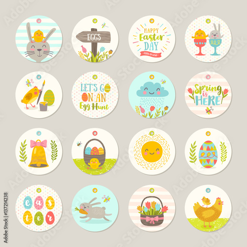 Set of Easter gift tags and labels with cute cartoon characters and type design . Easter greetings with bunny, chickens, eggs and flowers. Vector illustration.