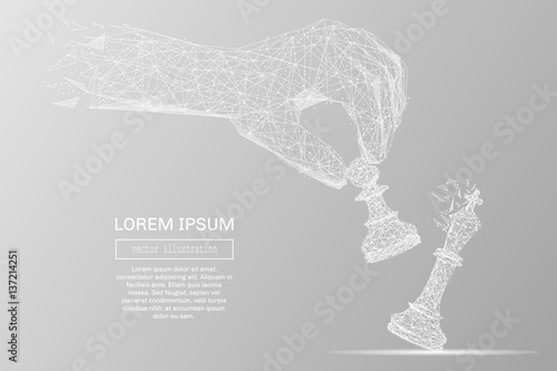 White abstract hand holding chess pawn polygonal, geometry triangle. Light connection structure of coin. Low poly vector on gray background. Connection structure