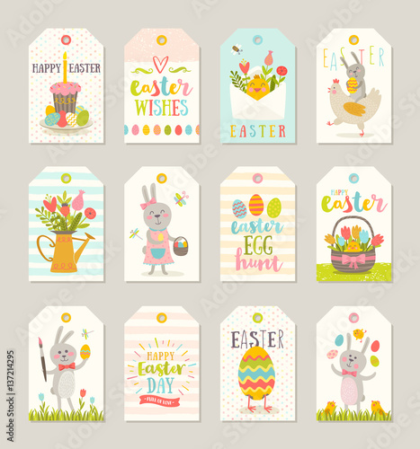 Set of Easter gift tags and labels with cute cartoon characters and type design . Easter greetings with bunny, chickens, eggs and flowers. Vector illustration.