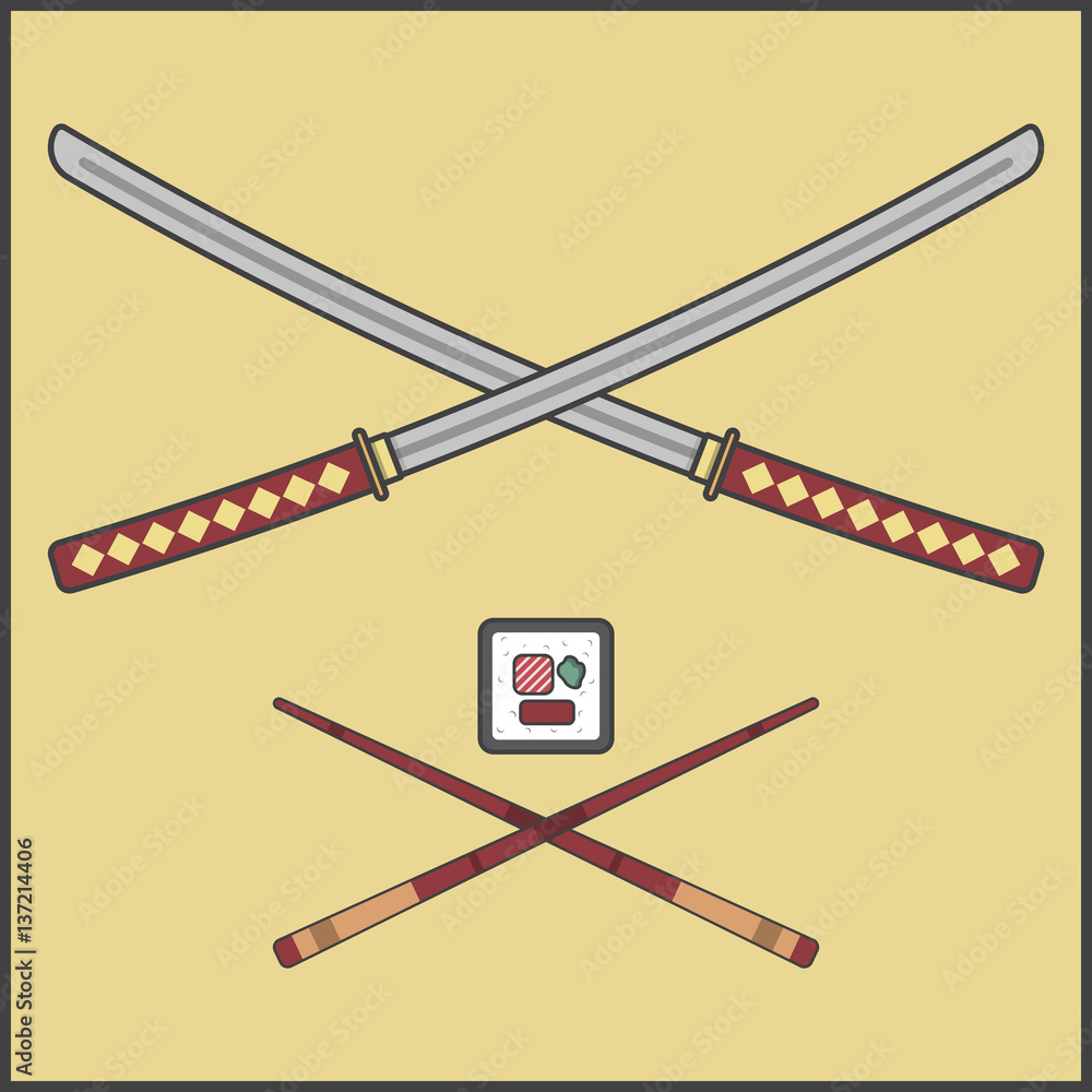 sushi beater, samurai swords and Chinese sticks, katana, ninjia,sea snack, Asian delicacy