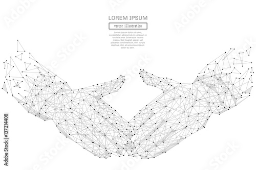 Grey handshake with polygon line on abstract background. Polygonal space low poly with connecting dots and lines. Connection structure. Vector science background