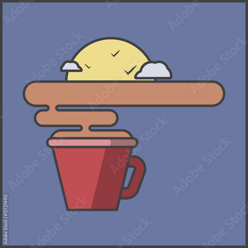 fragrant drink and decline, dawn, sun with clouds, clouds and birds, tea and coffee,vector image, flat design,outline style