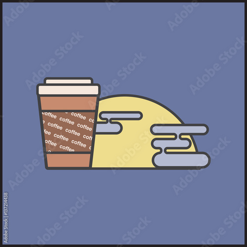 fragrant drink and decline, dawn, sun with clouds, tea and coffee,vector image, flat design,outline style