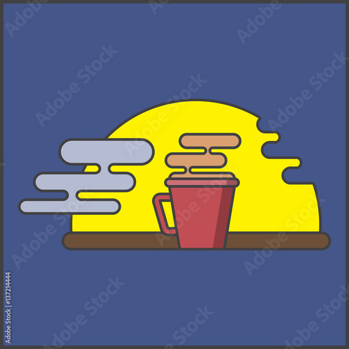 fragrant drink and decline, dawn, sun with clouds, tea and coffee,vector image, flat design,outline style