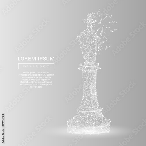 White abstract king of chess polygonal, geometry triangle. Light connection structure of coin. Low poly vector on gray background. Connection structure