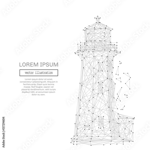 Grey lighthouse with polygon line on abstract background. Polygonal space low poly with connecting dots and lines. Connection structure. Vector science background