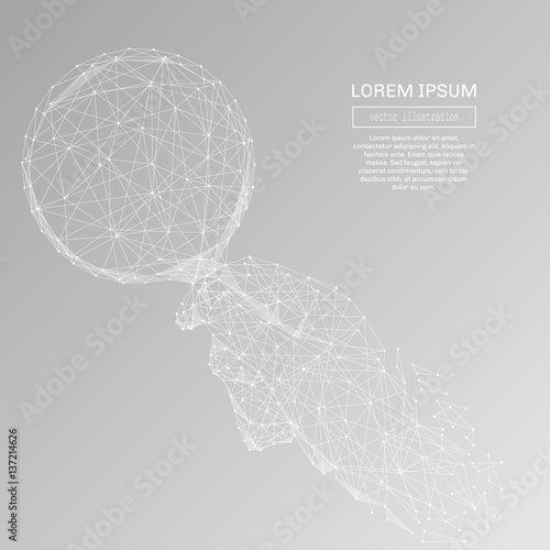 White abstract magnifier on hand polygonal, geometry triangle. Light connection structure of coin. Low poly vector on gray background. Connection structure