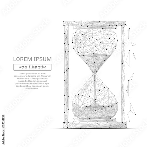 Grey sand clock with polygon line on abstract background. Polygonal space low poly with connecting dots and lines. Connection structure. Vector science background