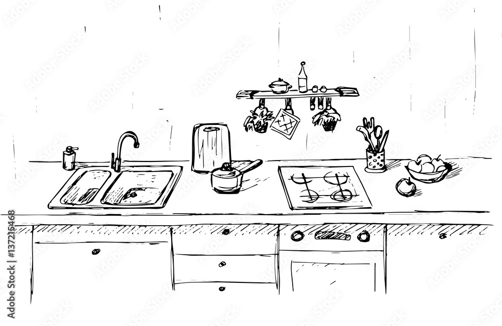 Kitchen sink. Kitchen worktop with sink. The sketch of the kitchen