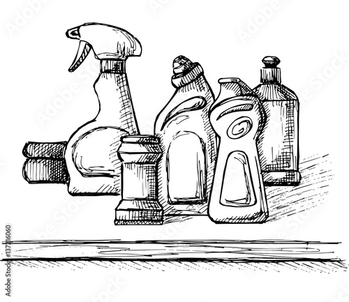 Sketch of household chemicals. Collection of cleaners items. Vector illustration.