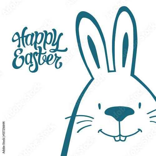 Сute and funny graphic bunny Easter postcard. Happy Easter lettering. Vector illustration.