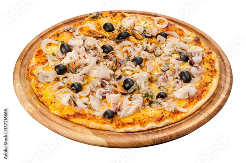 pizza on a wooden plate