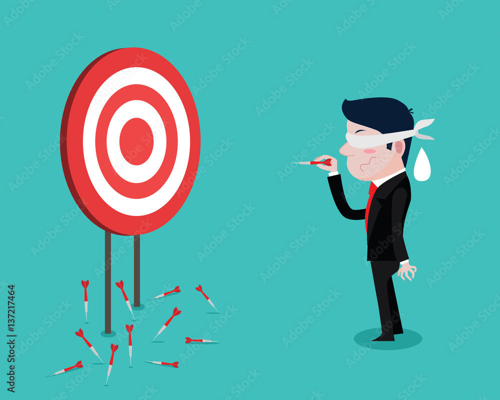 Businessman using a blindfold and hit darts target, Vector Cartoon Stock  Vector | Adobe Stock
