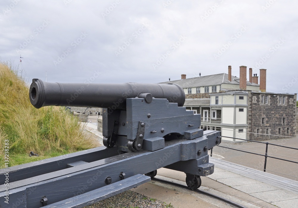 historic canon  with the  Fort Halifax Citadel  in the background, Nova Scotia Canada 