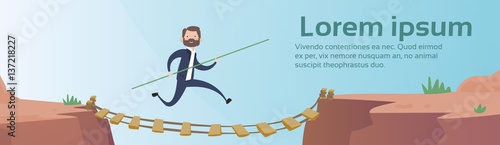 Business Man Go Dangerous Mountain Road Rope Bridge Risk Concept Flat Vector Illustration