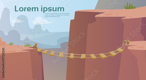 Dangerous Mountain Road Rope Bridge Risk Flat Vector Illustration