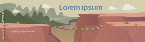 Dangerous Mountain Road Rope Bridge Risk Flat Vector Illustration