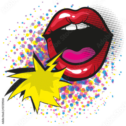 Screaming mouth with red lips and speech bubble pop art comic style