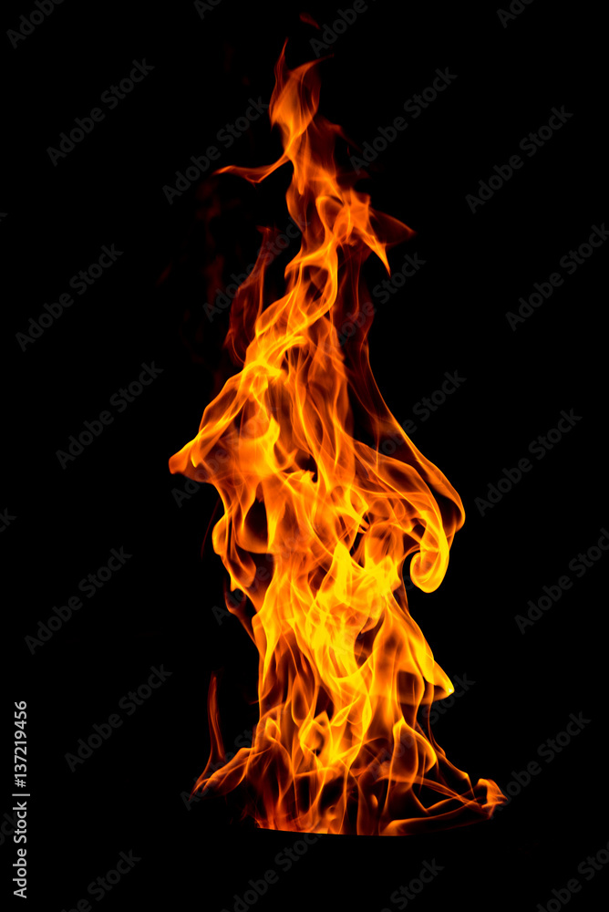 Fire flame isolated on black isolated background - Beautiful yellow, orange and red and red blaze fire flame texture style. - obrazy, fototapety, plakaty 