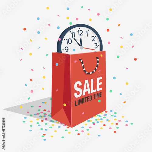 Special offer sale discount symbol with shopping bag and wall watch isolated on light background. Easy to use for your design with transparent shadows.