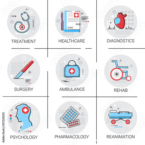 Treatment Hospital Doctors Clinic Medical Icon Set Vector Illustration