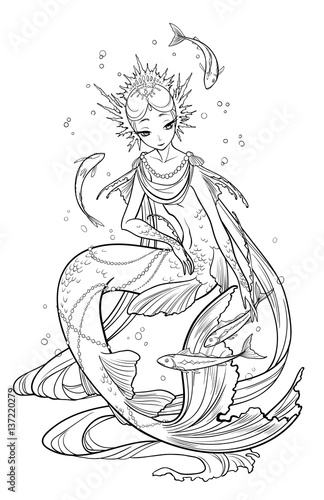 Illustration of pearl mermaid decorated with seashell elements, playing with fishes. Black and white, anti-stress. Adult coloring books.