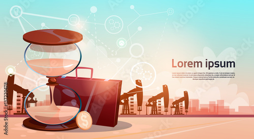 Sand Watch Money Pumpjack Oil Rig Crane Platform Wealth Concept Flat Vector Illustration