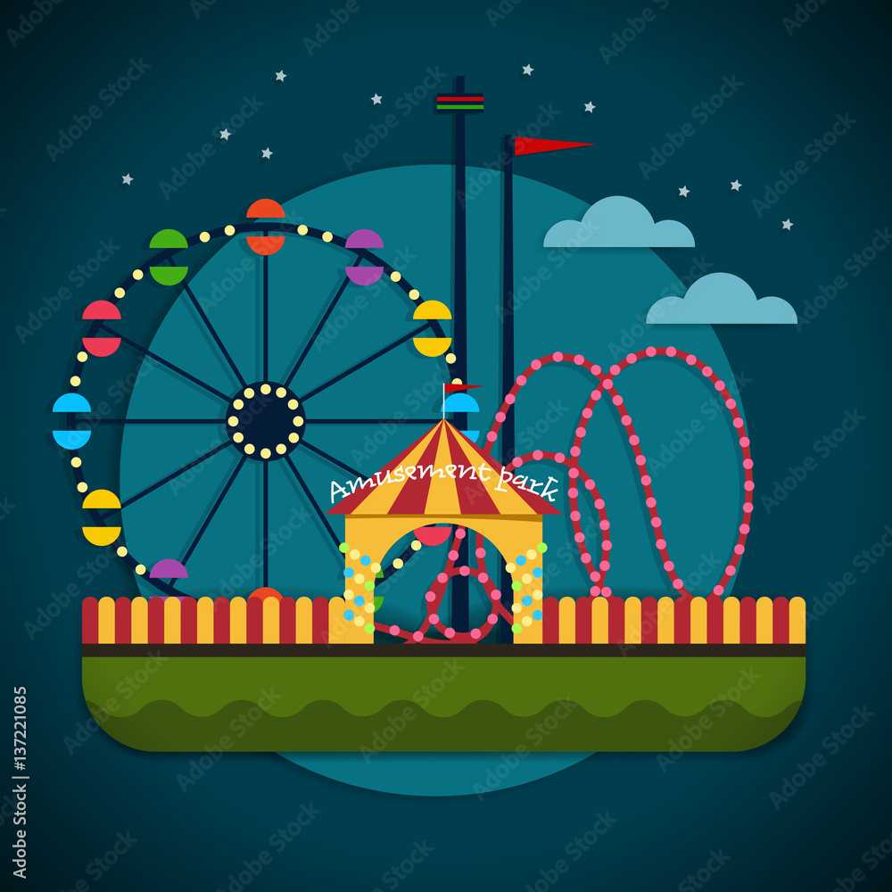 Amusement park with the Ferris wheel and the roller coaster attractions - stock vector illustration
