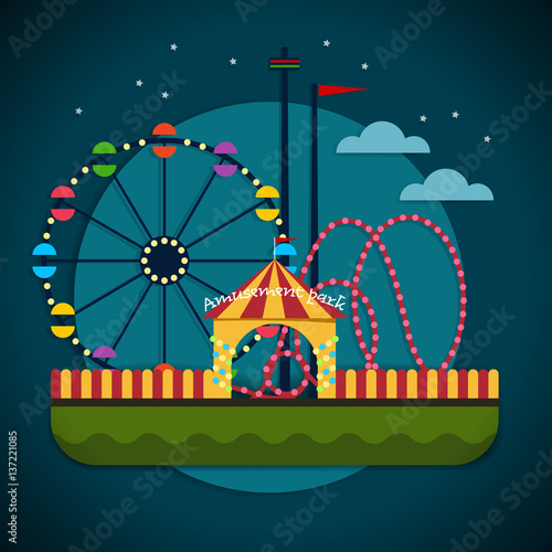 Amusement park with the Ferris wheel and the roller coaster attractions - stock vector illustration