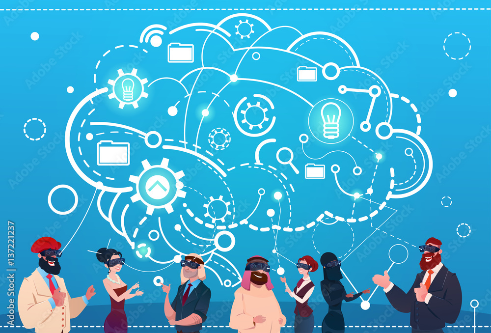 Mix Race People Group Using Gadgets Brainstorming Remote Workers Wear Digital Reality Glasses Flat Vector Illustration Mix Race People Group Using Gadgets Brainstorming Remote Workers Wear Digital Reality Glasses Flat Vector Illustration