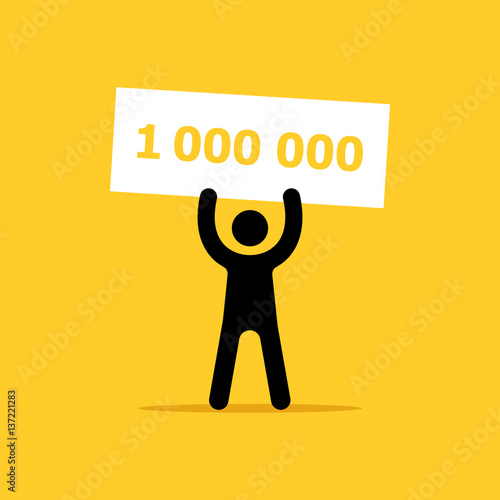 Lottery winner - black, white and yellow vector illustration. A man has won the lottery a million