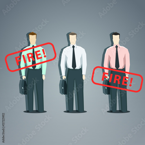 Vector illustration of the unemployment concept. Three office workers is standing with stamp fire.