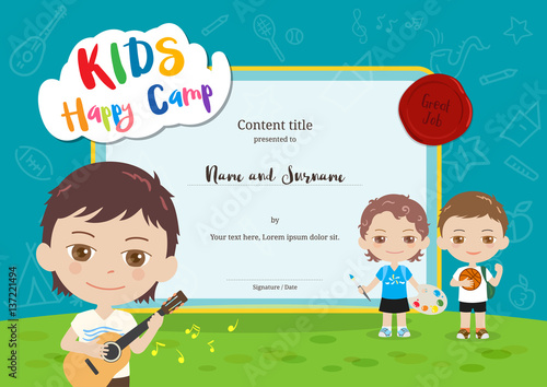 Colorful kids summer camp certificate template in cartoon style with various children activities music, painting and sport