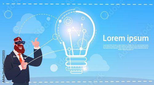 Business Man Wear Digital Reality Glasses New Idea Startup Concept Flat Vector Illustration