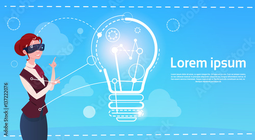 Business Woman Wear Digital Reality Glasses New Idea Startup Concept Flat Vector Illustration