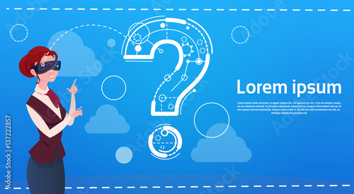 Business Woman Wear Digital Reality Glasses Question Mark Ponder Problem Concept Flat Vector Illustration
