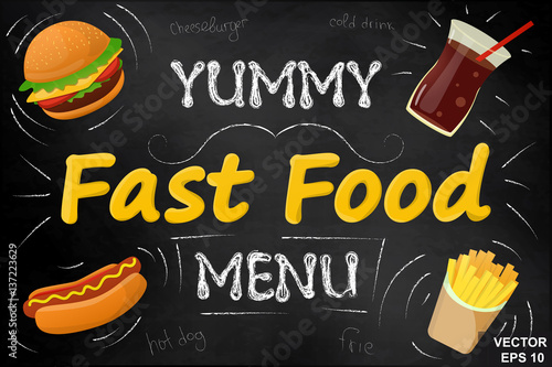 Fast food. Set. Tasty food. On the chalkboard