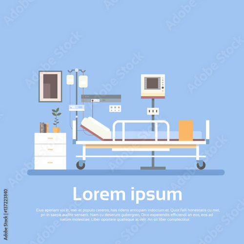 Hospital Room Interior Intensive Therapy Patient Ward Equipment Banner With Copy Space Flat Vector Illustration