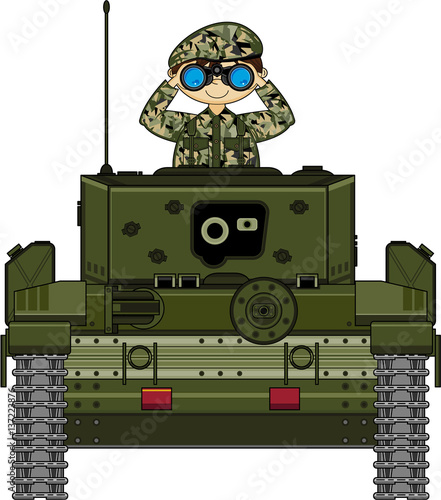 Cute Cartoon Soldier in Army Tank
