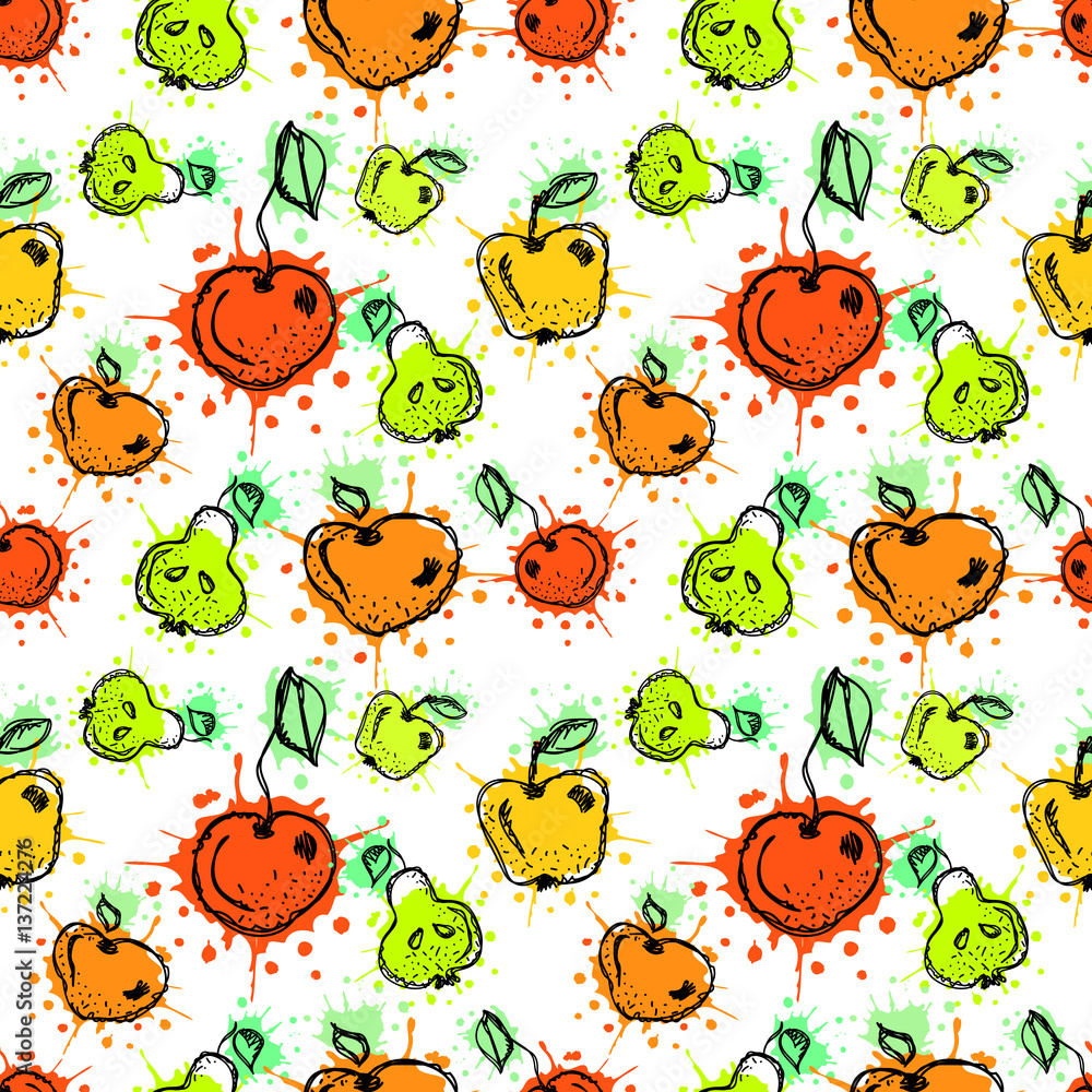 Fototapeta premium Seamless vector pattern. Hand drawn fruits illustration with splash and drop, cute background. Line drawing,