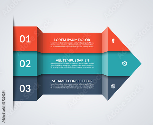 Modern minimalistic infographics. Big paper arrow of 3 colored horizontal strips. Can be used for graph, chart, step options, web design. Vector layout template