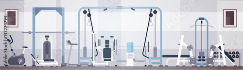 Sport Gym Interior Workout Equipment Copy Space Flat Vector Illustration