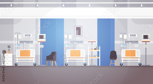 Hospital Room Interior Intensive Therapy Patient Ward Banner With Copy Space Flat Vector Illustration