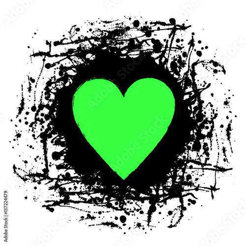 Vector graphic grunge illustration of heart sign with ink blot, brush strokes, drops isolated on the white background. Series of artistic illustration with splash, blots and brush strokes.