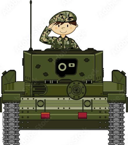 Cute cartoon Army Soldier Saluting in Tank