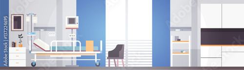 Hospital Room Interior Intensive Therapy Patient Ward Banner With Copy Space Flat Vector Illustration