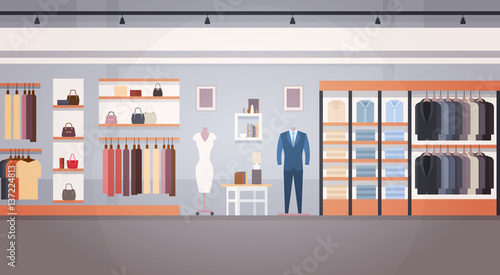 Fashion Shop Interior Clothes Store Banner With Copy Space Flat Vector Illustration