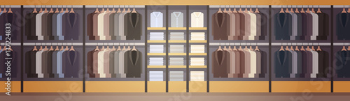 Big Fashion Shop Super Market Male Clothes Shopping Mall Interior Banner With Copy Space Flat Vector Illustration